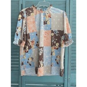 Cato Est 1946 Woman's Shirt Blouse ~ Sz L ~ Brown & Blue ~ Short Sleeve